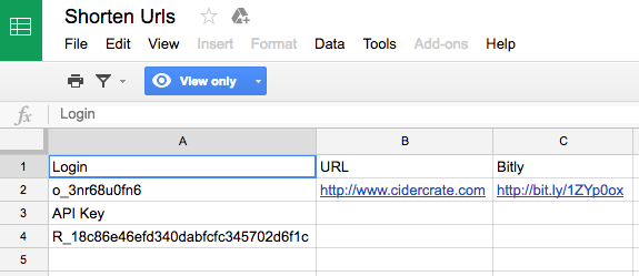 bulk url shortening in google sheets with bitly